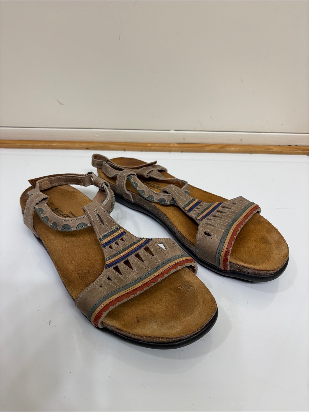 Naot‎ Taupe Multicolor Leather T-Strap Sandals